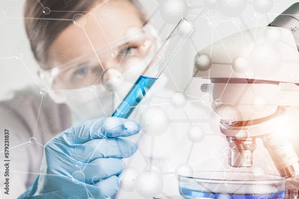 Poster research concept, scientist using microscope with molecules symbol