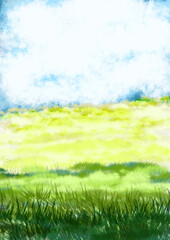 Fototapeta na wymiar Green meadow and blue sky with white clouds, watercolor illustration