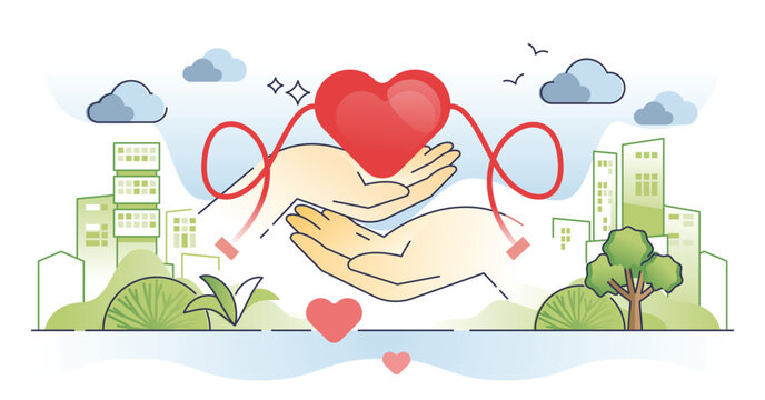 Blood drive donation campaign to save lives with transfusion outline concept. Rhesus positive or negative blood type deposit for hospital needs vector illustration. Volunteer donor with medical help.