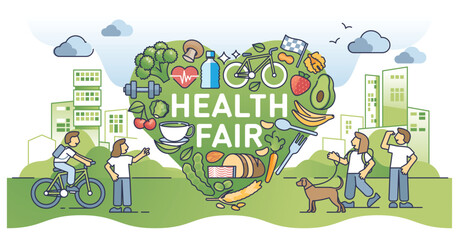 Plakat Community health fair as social campaign for body wellness outline concept. Health awareness with dietary eating and sport activities for vitality vector illustration. Exercise for heart welfare.