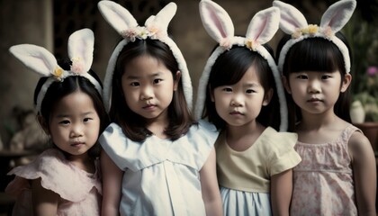 Easter Joy Asian Kids Girls Dressed Up Bunny Ears Smiling Celebrating Holiday with Joy, Happiness generative AI