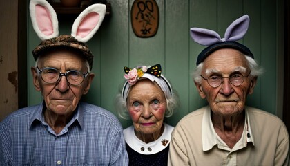Easter Joy Caucasian White Elderly Men and Women Dressed Up Bunny Ears Smiling Celebrating Holiday with Joy, Happiness generative AI