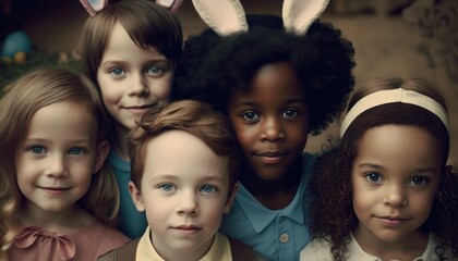Obraz premium Easter Joy Multiracial Kids Boys and Girls Dressed Up Bunny Ears Smiling Celebrating Holiday with Joy, Happiness generative AI