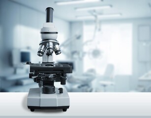 Modern microbiology microscope on table in laboratory.