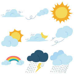 Weather vector set isolated on white background, Weather simple cartoon hand drawn style.
