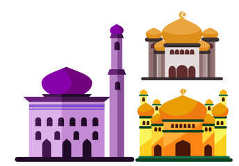 Ramadan Kareem, mosque illustration in isolated 2d vector style, modern islamic architecture, crescent moon. mosque assets. suitable for infographics, greeting cards, posters, stickers.