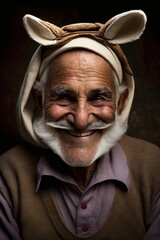 Easter Joy Middle Eastern Elderly Man Dressed Up Bunny Ears Smiling Celebrating Holiday with Joy, Happiness generative AI
