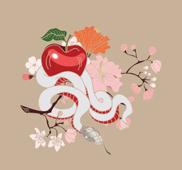 Gold snake tattoo and illustration design with Sakura branch.red snake with apple fruit and Cherry flower spring season vector illustration background.Poster design snake Reptile and hibiscus flower