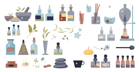 Holistic medicine materials with aromatherapy scents tiny person collection set, transparent background. Elements with alternative and esoteric medical supplies and materials illustration.
