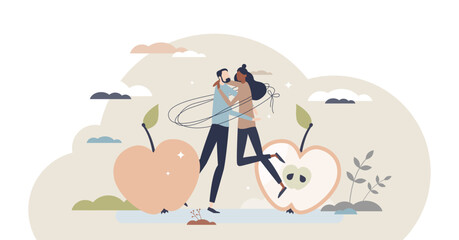 Couple tied and linked together as close relationship tiny person concept, transparent background.Invisible strings as love and affection to partner illustration. - obrazy, fototapety, plakaty