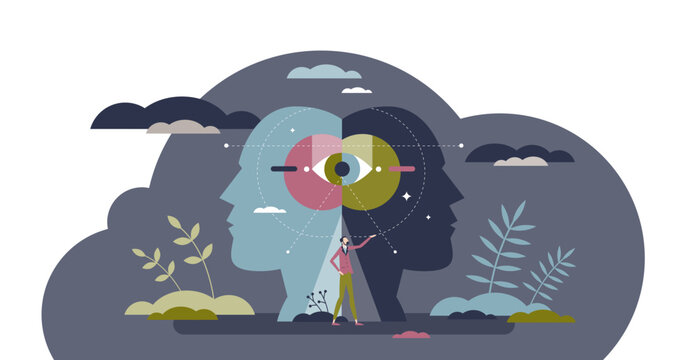 Personality psychology branch with individuals self analysis tiny person concept, transparent background. Human emotional and mental thinking model type evaluation.