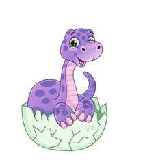 Cute doodle dinosaur. Colorful poster with smiling purple brontosaurus. Newborn dyno character. Design element for baby postcard. Cartoon flat vector illustration isolated on white background