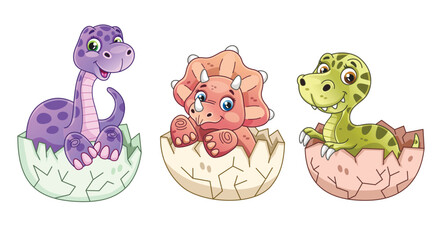 Set of cute doodle dinosaur. Smiling dino characters in shell. Colorful drawings for baby shower. Adorable newborn prehistoric creatures. Cartoon flat vector collection isolated on white background © Elshan