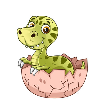 Cute doodle dinosaur. Poster with funny tyrannosaurus in eggshell. Newborn green dino character. Design for printing on baby clothes. Cartoon flat vector illustration isolated on white background