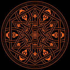 Orange magic incantation circle with cross over hexagon and circle which contains fantasy alphabets spell (named Fotonth)