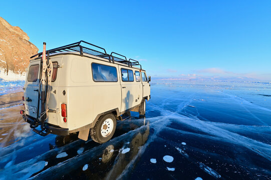 Vintage UAZ 452 Car at Ogoy Island on Frozen Lake Baikal