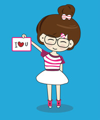 I love you. Girl with heart sign. Valentine's Day symbol. Vector
