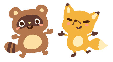 タヌキとキツネの仲良しイラスト