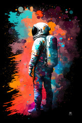 Embarking on a Cosmic Adventure: Astronaut Soaring Against a Bold Color Splash Background, AI-Generated Art