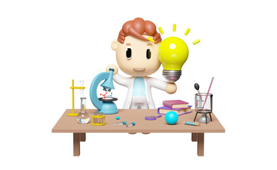 miniature cartoon boy character hand hold light bulb 3d with science experiment kit,  microscope, desk in lab isolated. idea tip education, knowledge creates ideas, elearning concept, 3d render