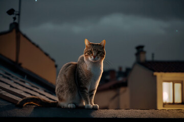 Cat on the roof at night. Generative AI