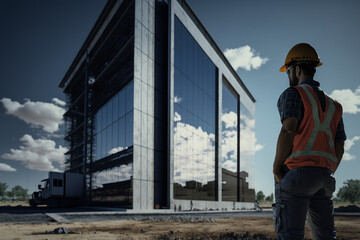 Fototapeta premium Engineer man looking at a mirrored building. Generative AI