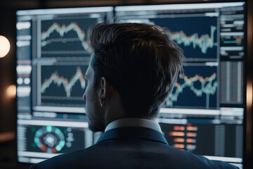 Fototapeta premium Broker in front of a screen with stock charts. Generative AI