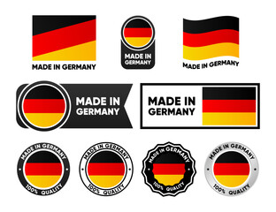 Made in Germany label collection. Set of flat isolated stamp made in Germany. 100 percent quality. Quality assurance concept. Vector illustration.