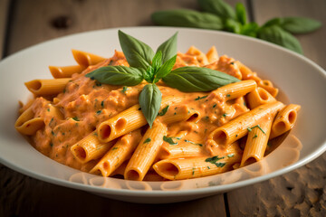 Penne alla Vodka: A pasta dish that combines penne noodles with a creamy tomato sauce made with vodka, heavy cream, and crushed red pepper flakes. - obrazy, fototapety, plakaty
