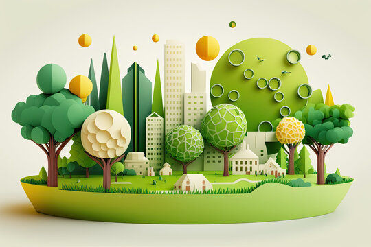 City and green field and trees using lollipop style on white background. Generative AI