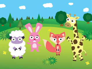 Obraz na płótnie Canvas Animals in the forest, rabbit, fox, giraffe, sheep