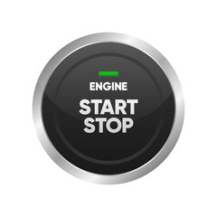 Engine start stop button. Car dashboard element. Press the button to start the car. Realistic button. Vector illustration.