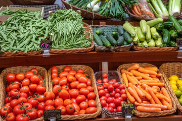 Tomatoes, beans and other vegetables for sale at a market