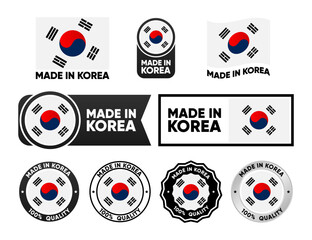 Made in Korea label collection. Set of flat isolated stamp made in Korea. 100 percent quality. Quality assurance concept. Vector illustration.