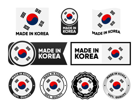 Made in Korea label collection. Set of flat isolated stamp made in Korea. 100 percent quality. Quality assurance concept. Vector illustration.