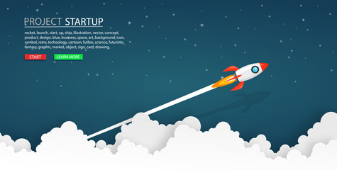 rockets launch into the night sky with text ,label, stars and clouds on background. business or startup concept