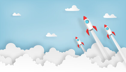 paper art of space rocket launch to the sky in startup concept of business or project. vector illustrator