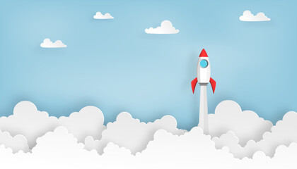 paper art of space rocket launch to the sky in startup concept of business or project. vector illustrator