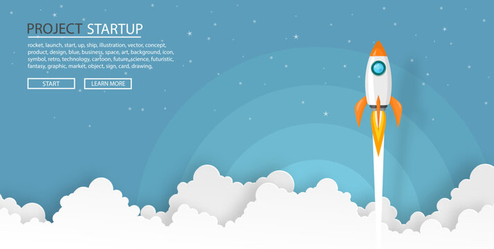 rockets launch into the night sky with text ,label, stars and clouds on blue background. business or startup concept