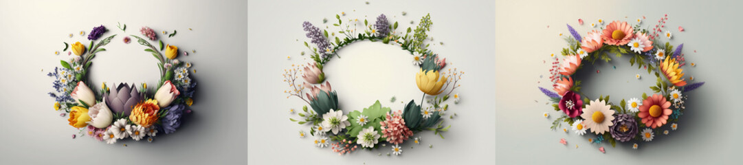 Beautiful floral crown made from spring flowers, collection.