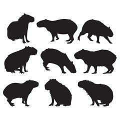 Capybara silhouette cute animals, set stencil templates for design