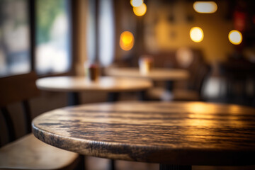 Obraz premium Wooden table in front of abstract blurred coffee shop background. Created with Generative AI Technology
