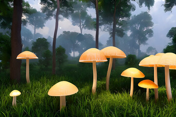 AI generated image of wild mushroom that normally found on the ground of forests. Some mushrooms are poisonous and some are safe for eating.