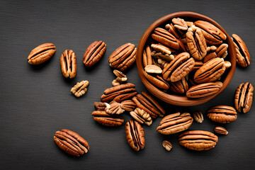 AI generated image of pecan nuts in a bowl. Pecan are often eaten as a snack or used in cooking and baking
