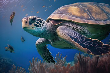 Fototapeta premium Red sea turtle underwater. Photo generative AI