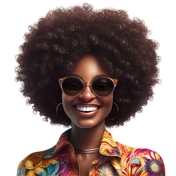 Portrait Of Happy Woman African American With An Afro Hairstyle Smiling And Wear Sunglasses, Isolated On White Background, Image Ai Generate