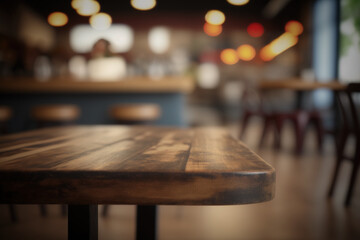 Wooden table in front of abstract blurred coffee shop background. Created with Generative AI Technology
