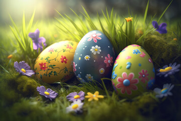 Obraz na płótnie Canvas Easter eggs have many beautiful colors in the garden and flower. Celebration concept happy easter day. eggs on Easter day. Generative AI.