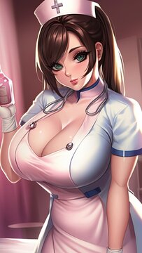 Sexy Nurse Doctor With Big Breasts In Anime Style. Generative AI