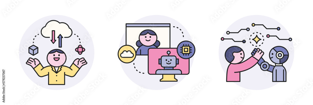 Poster artificial intelligence. computer cloud data and robot and human cooperation.